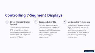 Controlling 7-Segment Displays
1 Direct Microcontroller
Control
Connect display segments to
GPIO pins and control each
segment individually by setting
pins HIGH or LOW. Simple but
uses many I/O pins.
2 Decoder/Driver ICs
Use chips like the 74LS47 or
CD4511 to convert 4-bit binary-
coded decimal (BCD) input into
the appropriate 7-segment
output, reducing pin
requirements.
3 Multiplexing Techniques
Rapidly switch between multiple
digits, illuminating only one at a
time. Human persistence of
vision makes all digits appear lit
simultaneously while using
minimal pins.
 