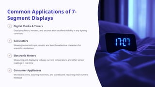 Common Applications of 7-
Segment Displays
Digital Clocks & Timers
Displaying hours, minutes, and seconds with excellent visibility in any lighting
condition
Calculators
Showing numerical input, results, and basic hexadecimal characters for
scientific calculations
Electronic Meters
Measuring and displaying voltage, current, temperature, and other sensor
readings in real-time
Consumer Appliances
Microwave ovens, washing machines, and scoreboards requiring clear numeric
feedback
 