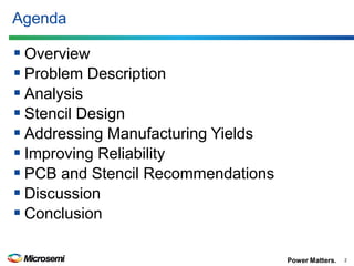 Power Matters. 
Agenda 
Overview 
Problem Description 
Analysis 
Stencil Design 
Addressing Manufacturing Yields 
Improving Reliability 
PCB and Stencil Recommendations 
Discussion 
Conclusion 
2  