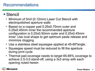 Power Matters. 
Recommendations 
Stencil 
•Minimum of 5mil (0.12mm) Laser Cut Stencil with electropolished aperture walls 
•Based on a copper pad 0.25x0.70mm outer and 0.25x0.45mm inner the recommended aperture configuration is 0.25x0.50mm outer and 0.25x0.45mm inner. Use oval shape to get optimum paste release and minimize clogging 
•Use a stainless steel squeegee applied at 45-60ºangle. 
•Squeegee speed must be reduced to fill the aperture during print cycle 
•Thermal pad coverage needs to target 65-85% coverage to achieve 2.5-3.0 stand-off, using a 3x3 array with each opening noted herein 
30  