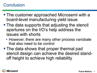 Power Matters. 
Conclusion 
The customer approached Microsemi with a board-level manufacturing yield issue 
The data supports that adjusting the stencil apertures on the I/O’s help address the issues with shorts 
•However, there are many other process variobale that also need to be control 
The data shows that proper thermal pad stencil design can achieve the desired stand- off height to achieve high reliability 
31  