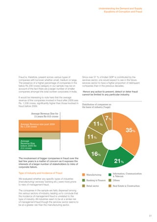 Fraud is, therefore, present across various types of 
companies with turnover whether small, medium or large. 
The presence of a higher percentage of companies in the 
below Rs 200 crores category in our sample may be on 
account of the fact there are a larger number of smaller 
companies amongst the total number corporates in India. 
It would be interesting to note here that the average 
revenue of the companies involved in fraud after 2009 was 
Rs. 1,538 crores, significantly higher than those involved in 
fraud before 2009. 
Average Revenue Size for 
15 years Rs 910 crores 7% 
The involvement of bigger companies in fraud over the 
last few years is a matter of concern as it exposes the 
interests of a larger number of stakeholders to risks of 
corporate failure. 
Type of Industry and Incidence of Fraud 
We evaluated whether any specific types of industries 
(manufacturing/ services/ banking etc.) were more prone 
to risks of management fraud. 
The companies in the sample are fairly dispersed among 
the various sectors of industry, leading us to conclude that 
the incidence of management fraud is unrelated to the 
type of industry. All industries seem to be at a similar risk 
of management fraud though the services sector seems to 
be at a greater risk than the manufacturing sector. 
Since over 57 % of Indian GDP is contributed by the 
services sector, one would expect to see in the future, 
services sector to have a higher proportion of delinquent 
companies than in the previous decades. 
Hence any action to prevent, detect or deter fraud 
cannot be limited to any particular industry. 
Distribution of companies on 
the basis of industry (%age) 
11% 
11% 
16% 
21% 
Manufacturing Information, Communication 
Banking & Finance 
& Telecom 
Others 
Retail sector Real Estate & Construction 
Average Revenue size post 2009 
Rs 1,538 crores 
35% 
Average 
Revenue Size 
before 2009 Rs 
212 crores 
Understanding the Demand and Supply 
Equations of Corruption and Fraud 
31 
 