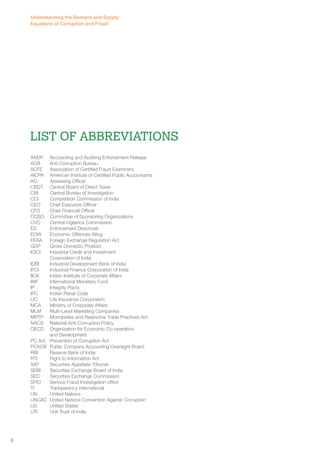 List of abbreviations 
AAER Accounting and Auditing Enforcement Release 
ACB Anti-Corruption Bureau 
ACFE Association of Certified Fraud Examiners 
AICPA American Institute of Certified Public Accountants 
AO Assessing Officer 
CBDT Central Board of Direct Taxes 
CBI Central Bureau of Investigation 
CCI Competition Commission of India 
CEO Chief Executive Officer 
CFO Chief Financial Officer 
COSO Committee of Sponsoring Organizations 
CVC Central Vigilance Commission 
ED Enforcement Directorat. 
EOW Economic Offences Wing 
FERA Foreign Exchange Regulation Act 
GDP Gross Domestic Product 
ICICI Industrial Credit and Investment 
Corporation of India 
IDBI Industrial Development Bank of India 
IFCI Industrial Finance Corporation of India 
IICA Indian Institute of Corporate Affairs 
IMF International Monetary Fund 
IP Integrity Pacts 
IPC Indian Penal Code 
LIC Life Insurance Corporation 
MCA Ministry of Corporate Affairs 
MLM Multi-Level Marketing Companies 
MRTP Monopolies and Restrictive Trade Practices Act 
NACS National Anti-Corruption Policy 
OECD Organization for Economic Co-operation 
and Development 
PC Act Prevention of Corruption Act 
PCAOB Public Company Accounting Oversight Board 
RBI Reserve Bank of India 
RTI Right to Information Act 
SAT Securities Appellate Tribunal 
SEBI Securities Exchange Board of India 
SEC Securities Exchange Commission 
SFIO Serious Fraud Investigation office 
TI Transparency international 
UN United Nations 
UNCAC United Nations Convention Against Corruption 
US United States 
UTI Unit Trust of India 
6 
Understanding the Demand and Supply 
Equations of Corruption and Fraud 
 