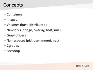 Concepts
• Containers
• Images
• Volumes	(host,	distributed)
• Newtorks (bridge,	overlay,	host,	null)
• Graphdrivers
• Namespaces	(pid,	user,	mount,	net)
• Cgroups
• Seccomp
 