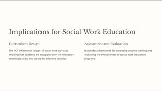 Implications for Social Work Education
Curriculum Design
The PCF informs the design of social work curricula,
ensuring that students are equipped with the necessary
knowledge, skills, and values for effective practice.
Assessment and Evaluation
It provides a framework for assessing student learning and
evaluating the effectiveness of social work education
programs.
 