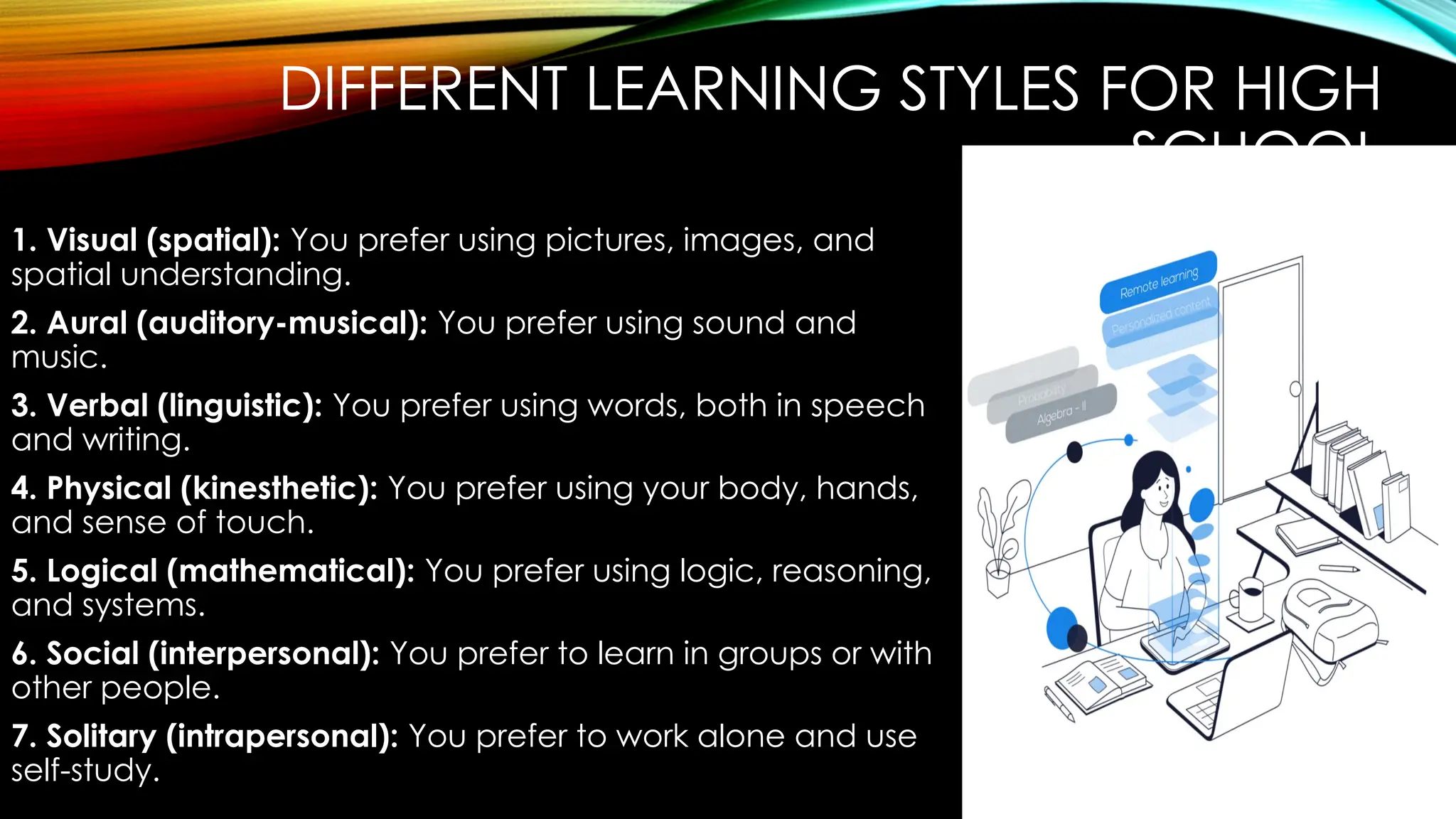 DIFFERENT LEARNING STYLES FOR HIGH
SCHOOL
1. Visual (spatial): You prefer using pictures, images, and
spatial understanding.
2. Aural (auditory-musical): You prefer using sound and
music.
3. Verbal (linguistic): You prefer using words, both in speech
and writing.
4. Physical (kinesthetic): You prefer using your body, hands,
and sense of touch.
5. Logical (mathematical): You prefer using logic, reasoning,
and systems.
6. Social (interpersonal): You prefer to learn in groups or with
other people.
7. Solitary (intrapersonal): You prefer to work alone and use
self-study.
 