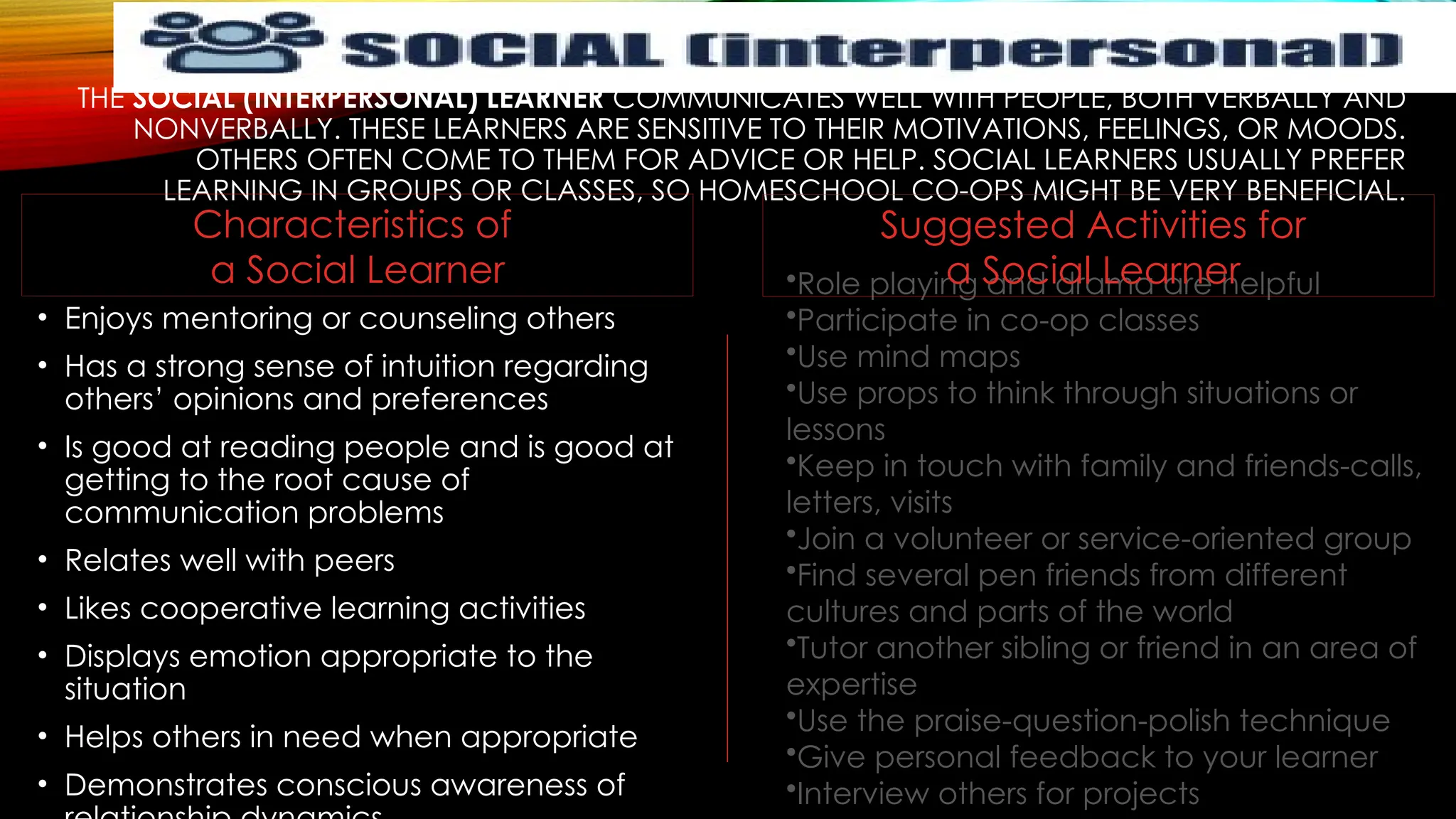 THE SOCIAL (INTERPERSONAL) LEARNER COMMUNICATES WELL WITH PEOPLE, BOTH VERBALLY AND
NONVERBALLY. THESE LEARNERS ARE SENSITIVE TO THEIR MOTIVATIONS, FEELINGS, OR MOODS.
OTHERS OFTEN COME TO THEM FOR ADVICE OR HELP. SOCIAL LEARNERS USUALLY PREFER
LEARNING IN GROUPS OR CLASSES, SO HOMESCHOOL CO-OPS MIGHT BE VERY BENEFICIAL.
• Enjoys mentoring or counseling others
• Has a strong sense of intuition regarding
others’ opinions and preferences
• Is good at reading people and is good at
getting to the root cause of
communication problems
• Relates well with peers
• Likes cooperative learning activities
• Displays emotion appropriate to the
situation
• Helps others in need when appropriate
• Demonstrates conscious awareness of
•Role playing and drama are helpful
•Participate in co-op classes
•Use mind maps
•Use props to think through situations or
lessons
•Keep in touch with family and friends-calls,
letters, visits
•Join a volunteer or service-oriented group
•Find several pen friends from different
cultures and parts of the world
•Tutor another sibling or friend in an area of
expertise
•Use the praise-question-polish technique
•Give personal feedback to your learner
•Interview others for projects
Suggested Activities for
a Social Learner
Characteristics of
a Social Learner
 