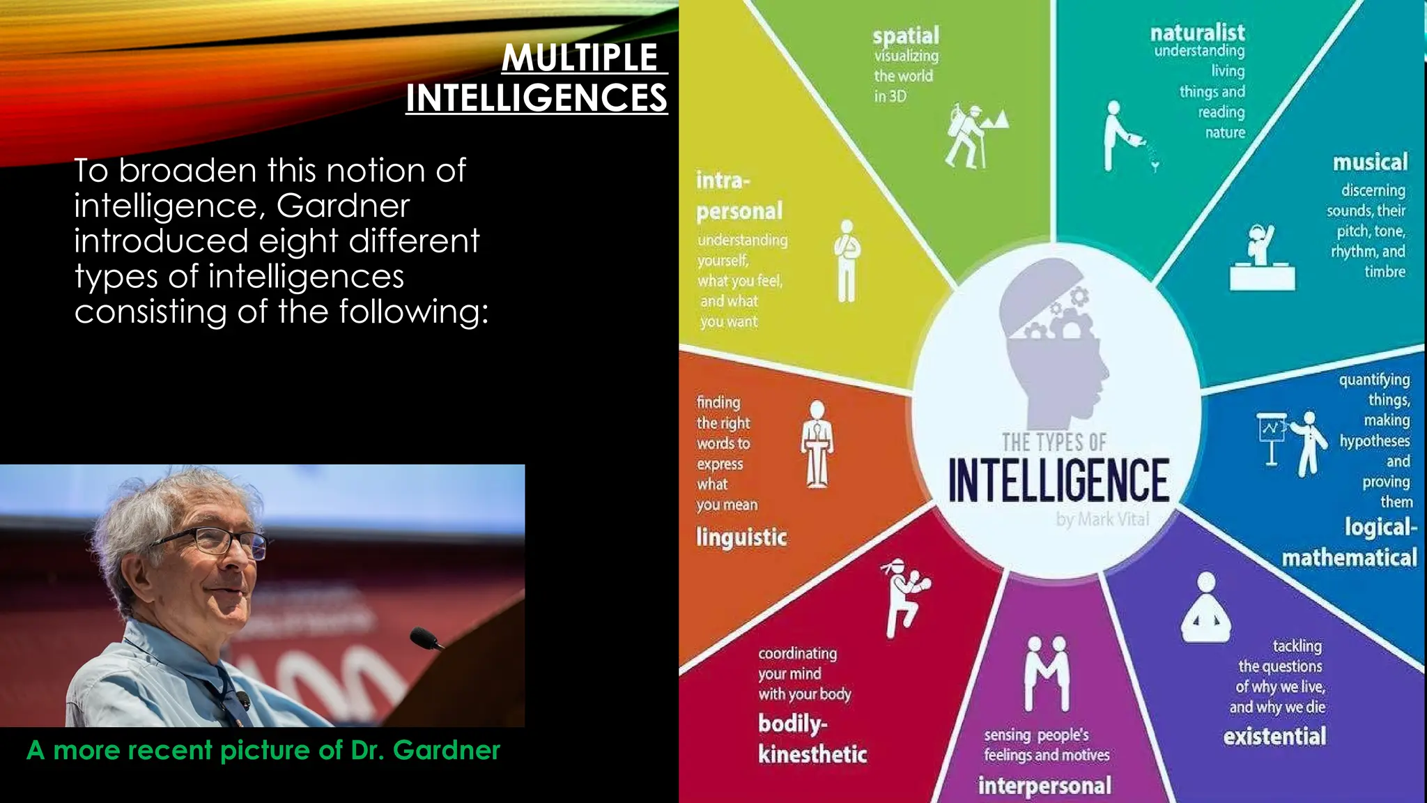 MULTIPLE
INTELLIGENCES
To broaden this notion of
intelligence, Gardner
introduced eight different
types of intelligences
consisting of the following:
A more recent picture of Dr. Gardner
 