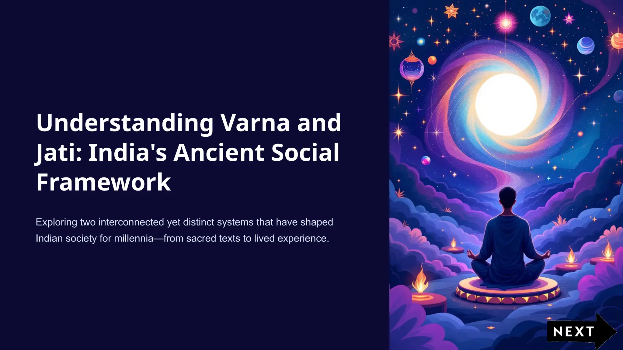 Understanding Varna and
Jati: India's Ancient Social
Framework
Exploring two interconnected yet distinct systems that have shaped
Indian society for millennia—from sacred texts to lived experience.
 