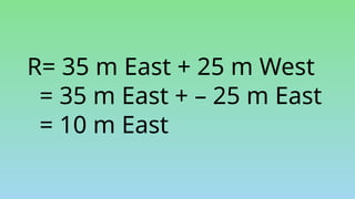 R= 35 m East + 25 m West
= 35 m East + – 25 m East
= 10 m East
 