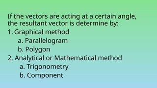 If the vectors are acting at a certain angle,
the resultant vector is determine by:
1. Graphical method
a. Parallelogram
b. Polygon
2. Analytical or Mathematical method
a. Trigonometry
b. Component
 
