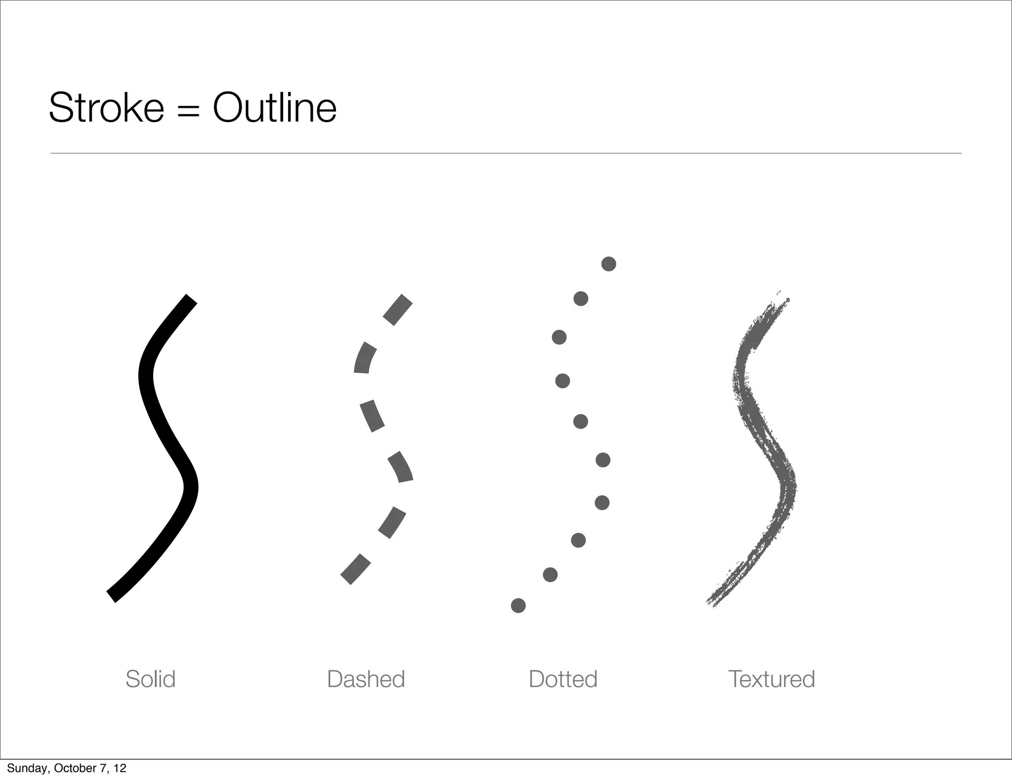 Stroke = Outline




                    Solid   Dashed   Dotted   Textured


Sunday, October 7, 12
 