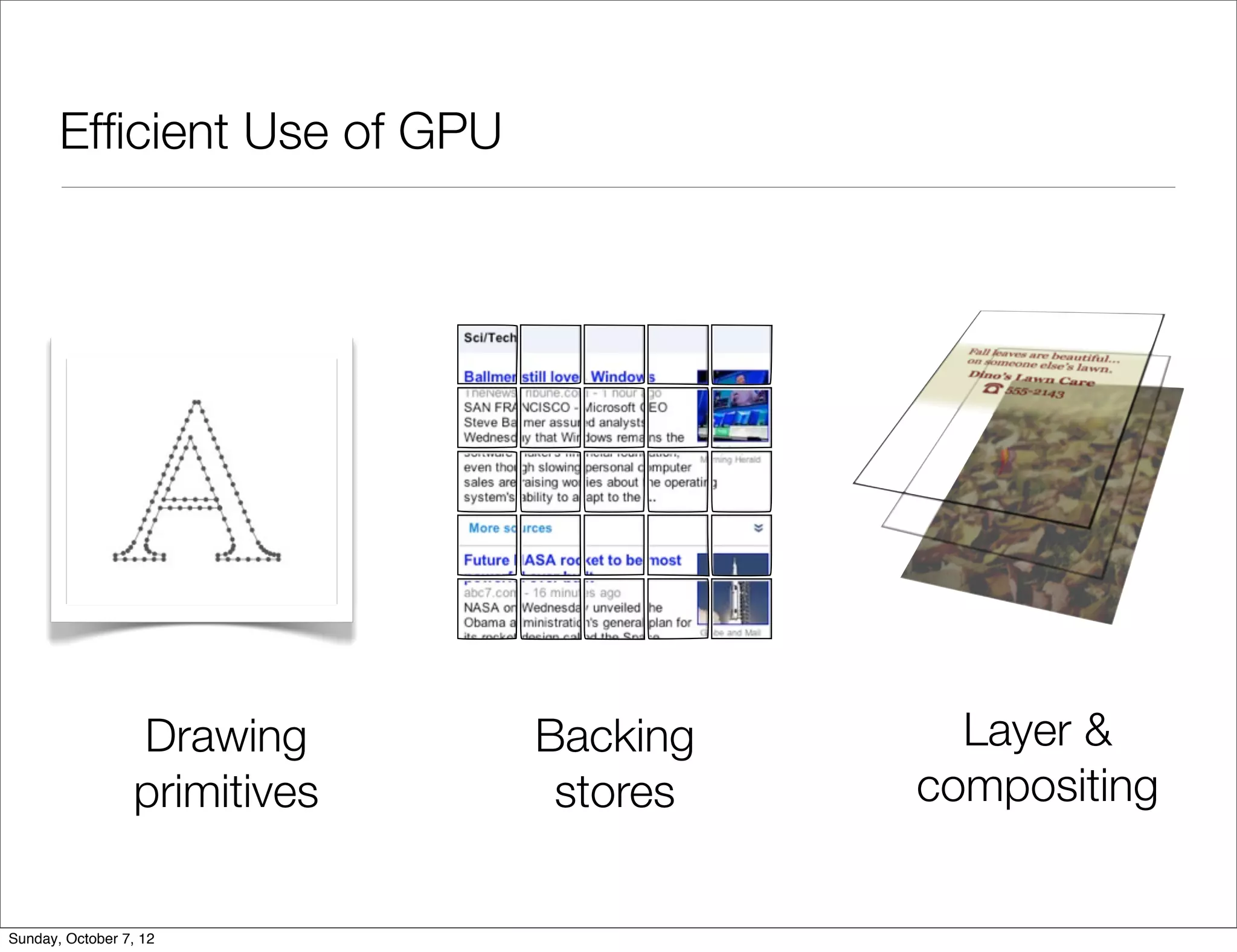 Efﬁcient Use of GPU




                 Drawing      Backing     Layer &
                 primitives    stores   compositing


Sunday, October 7, 12
 