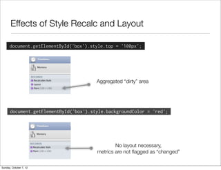 Effects of Style Recalc and Layout

      document.getElementById('box').style.top = '100px';




                                       Aggregated “dirty” area




      document.getElementById('box').style.backgroundColor = 'red';




                                               No layout necessary,
                                       metrics are not ﬂagged as “changed”

Sunday, October 7, 12
 