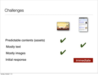 Challenges




        Predictable contents (assets)   ✔
         Mostly text                          ✔
         Mostly images                  ✔
         Initial response                   immediate



Sunday, October 7, 12
 