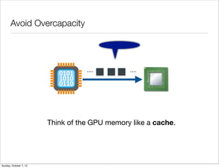 Avoid Overcapacity




                                   ....        ....




                        Think of the GPU memory like a cache.




Sunday, October 7, 12
 
