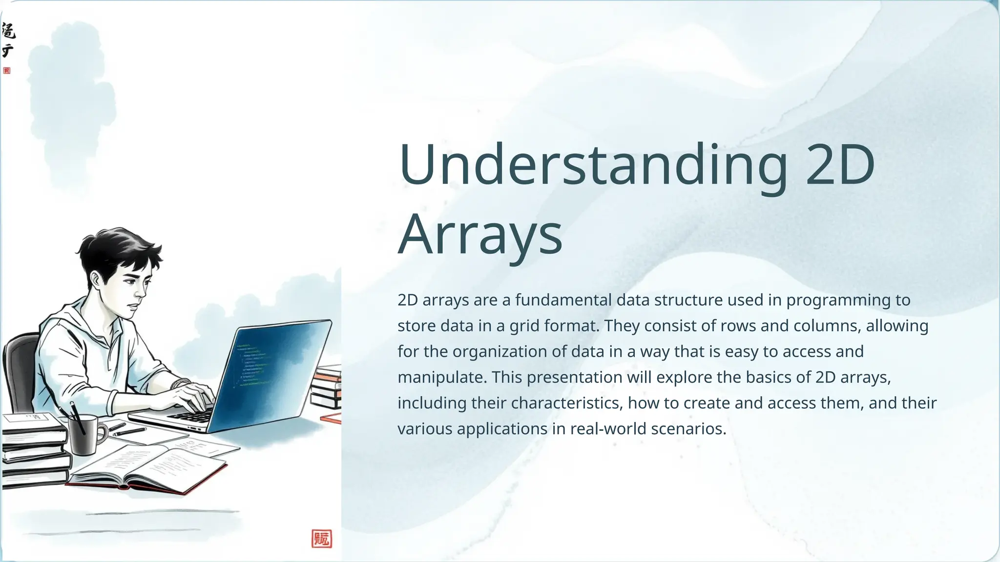 2D arrays are a fundamental data structure used in programming to store data in a grid format. They consist of rows and columns, allowing for the organization of data in a way that is easy to access and manipulate. This presentation will explore the basics of 2D arrays, including their characteristics, how to create and access them, and their various applications in real-world scenarios. Understanding 2D Arrays 