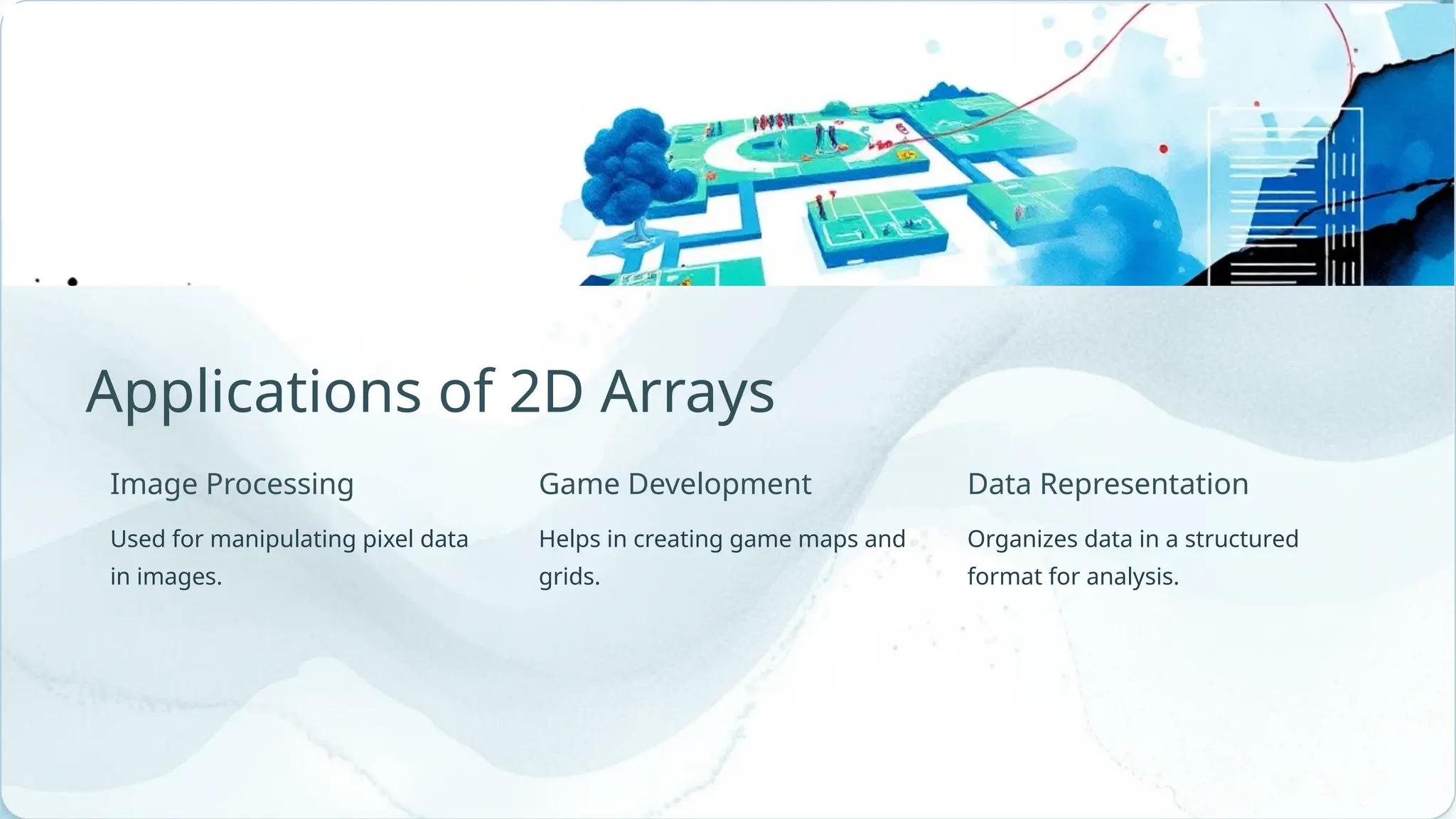 Game Development Helps in creating game maps and grids. Organizes data in a structured format for analysis. Used for manipulating pixel data in images. Applications of 2D Arrays Data Representation Image Processing 