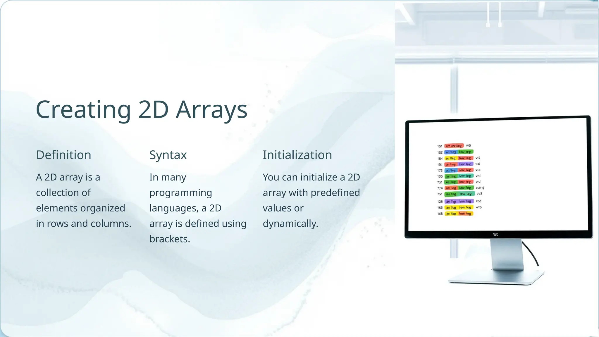 You can initialize a 2D array with predefined values or dynamically. Definition Syntax Creating 2D Arrays Initialization A 2D array is a collection of elements organized in rows and columns. In many programming languages, a 2D array is defined using brackets. 