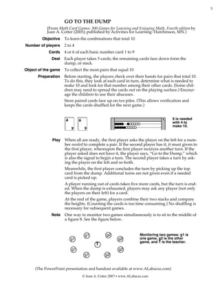 5


                     GO TO THE DUMP
           (From Math Card Games: 300 Games for Learning and Enjoying Math. Fourth edition by
           Joan A. Cotter (2005); published by Activities for Learning: Hutchinson, MN.)
        Objective    To learn the combinations that total 10
Number of players    2 to 4
            Cards    4 or 6 of each basic number card 1 to 9
             Deal    Each player takes 5 cards; the remaining cards face down form the
                     dump, or stack.
Object of the game   To collect the most pairs that equal 10
      Preparation    Before starting, the players check over their hands for pairs that total 10.
                     To do this, they look at each card in turn, determine what is needed to
                     make 10 and look for that number among their other cards. (Some chil-
                     dren may need to spread the cards out on the playing surface.) Encour-
                     age the children to use their abacuses.
                     Store paired cards face up on two piles. (This allows verification and
                     keeps the cards shuffled for the next game.)


                     4        6                                                       6 is needed
                                                                                      with 4 to
                         4         6                                                  make 10.


              Play   When all are ready, the first player asks the player on the left for a num-
                     ber needed to complete a pair. If the second player has it, it must given to
                     the first player, whereupon the first player receives another turn. If the
                     player asked does not have it, the player says, “Go to the Dump,” which
                     is also the signal to begin a turn. The second player takes a turn by ask-
                     ing the player on the left and so forth.
                     Meanwhile, the first player concludes the turn by picking up the top
                     card from the dump. Additional turns are not given even if a needed
                     card is picked up.
                     A player running out of cards takes five more cards, but the turn is end-
                     ed. When the dump is exhausted, players may ask any player (not only
                     the players on their left) for a card.
                     At the end of the game, players combine their two stacks and compare
                     the heights. (Counting the cards is too time consuming.) No shuffling is
                     necessary for subsequent games.
             Note    One way to monitor two games simultaneously is to sit in the middle of
                     a figure 8. See the figure below.


                                   g1           g2                  Monitoring two games: g1 is
                         g1                            g2           one game, g2 is the other
                                                                    game, and T is the teacher.
                                          T
                         g1                             g2
                                   g1          g2


     (The PowerPoint presentation and handout available at www.ALabacus.com)
                                  © Joan A. Cotter 2007 • www.ALabacus.com
 