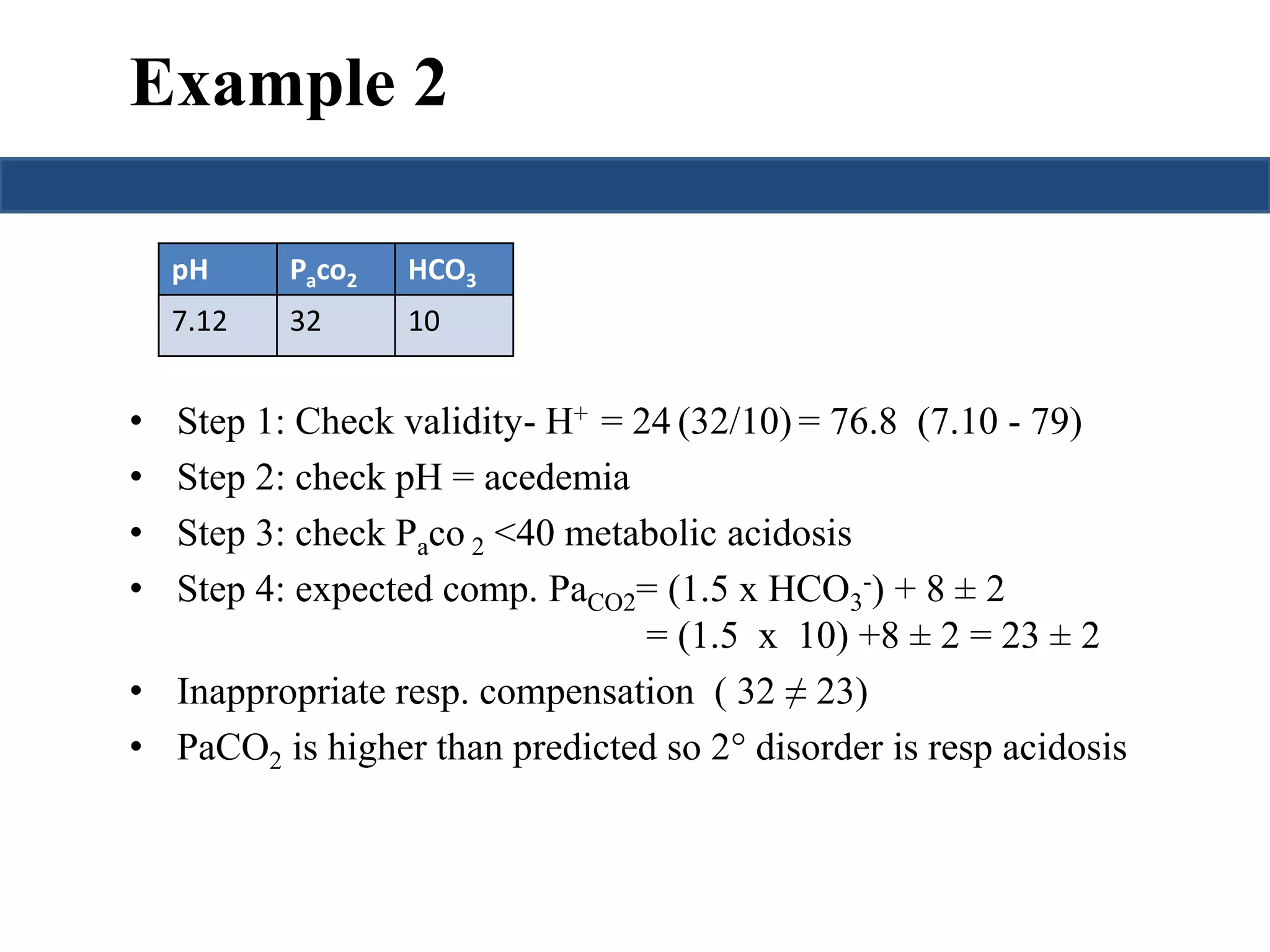 Example 2 
pH Paco2 HCO3 
7.12 32 10 
• Step 1: Check validity- H+ = 24 (32/10) = 76.8 (7.10 - 79) 
• Step 2: check pH = acedemia 
• Step 3: check Pco <40 metabolic acidosis 
a2 • Step 4: expected comp. Pa= (1.5 x HCO-) + 8 ± 2 
CO23 
= (1.5 x 10) +8 ± 2 = 23 ± 2 
• Inappropriate resp. compensation ( 32 ≠ 23) 
• PaCO2 is higher than predicted so 2° disorder is resp acidosis 
 