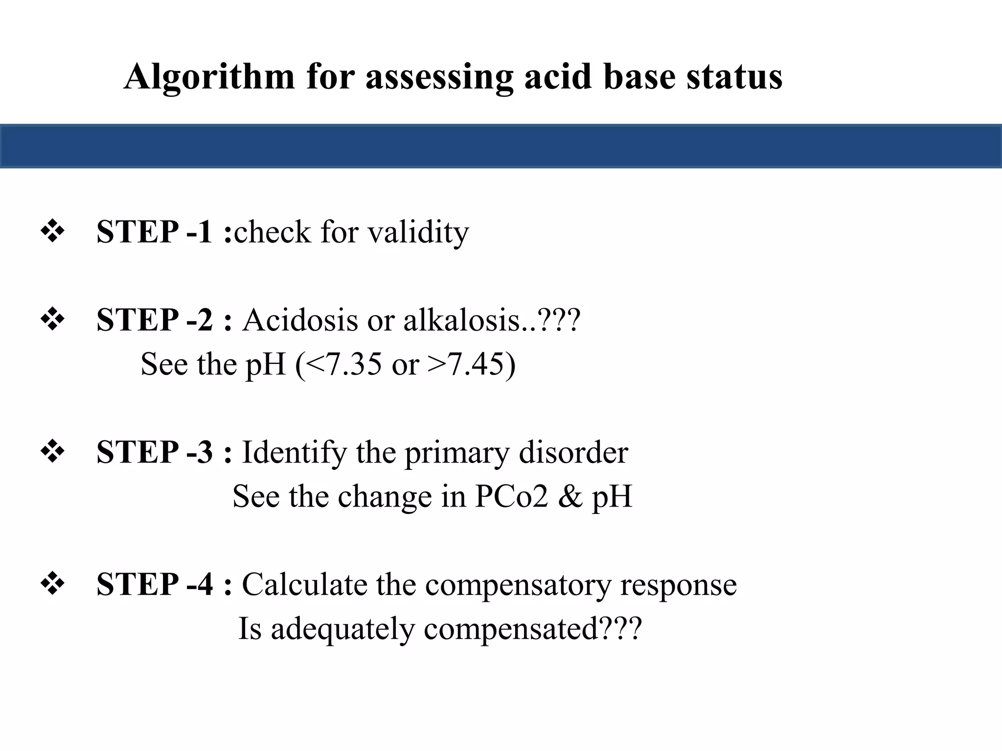 Algorithm for assessing acid base status 
 STEP -1 :check for validity 
 STEP -2 : Acidosis or alkalosis..??? 
See the pH (<7.35 or >7.45) 
 STEP -3 : Identify the primary disorder 
See the change in PCo2 & pH 
 STEP -4 : Calculate the compensatory response 
Is adequately compensated??? 
 