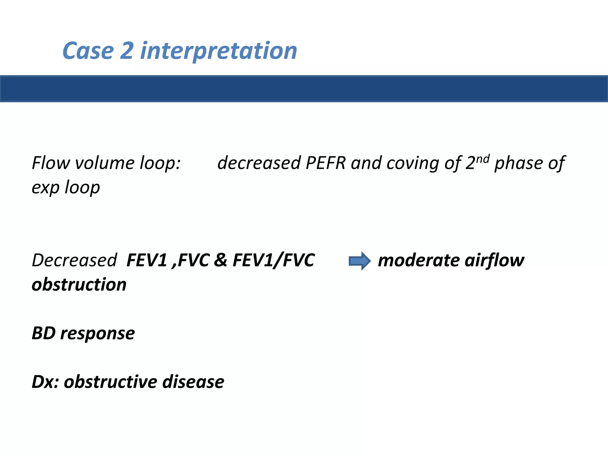 Case 2 interpretation 
Flow volume loop: decreased PEFR and coving of 2nd phase of 
exp loop 
Decreased FEV1 ,FVC & FEV1/FVC moderate airflow 
obstruction 
BD response 
Dx: obstructive disease 
 