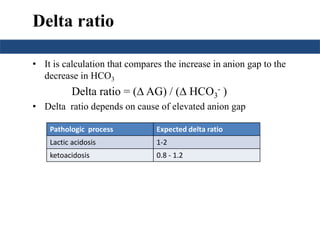 Delta ratio 
• It is calculation that compares the increase in anion gap to the 
decrease in HCO3 
Delta ratio = ( AG) / ( HCO3 
- ) 
• Delta ratio depends on cause of elevated anion gap 
Pathologic process Expected delta ratio 
Lactic acidosis 1-2 
ketoacidosis 0.8 - 1.2 
 