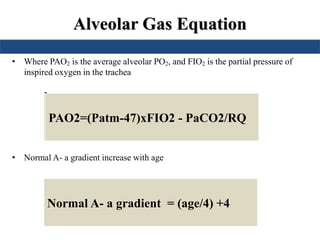 Alveolar Gas Equation 
• Where PAO2 is the average alveolar PO2, and FIO2 is the partial pressure of 
inspired oxygen in the trachea 
• 
PPPAAAOOO222===1((7P560a0 t–m-41-7.42)7x5)0(xP.2Fa1IC O-O2P 2a-)CPOaC2/O0.28/RQ 
• Normal A- a gradient increase with age 
Normal A- a gradient = (age/4) +4 
 
