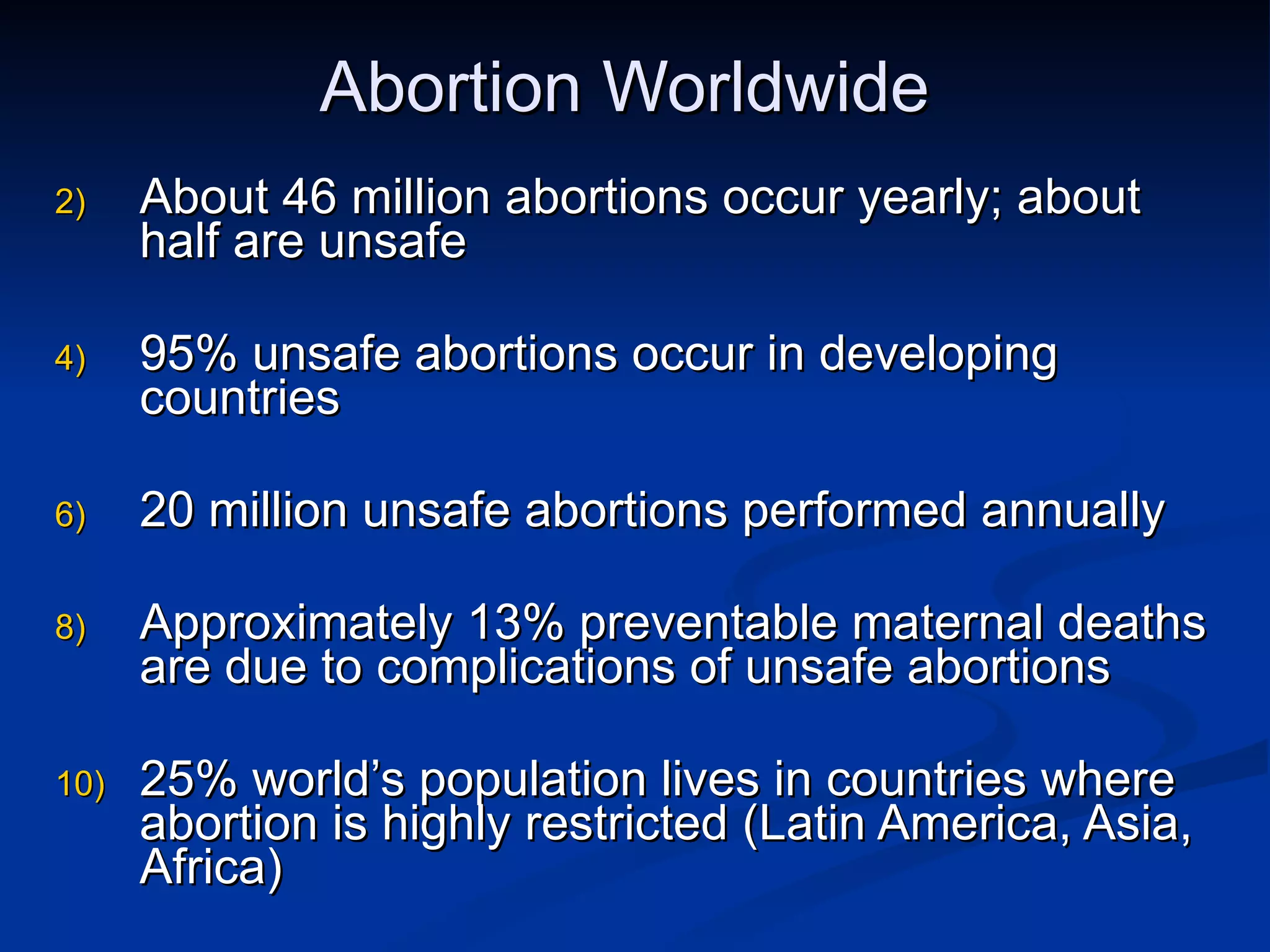 Abortion Worldwide About 46 million abortions occur yearly; about half are unsafe 95% unsafe abortions occur in developing countries 20 million unsafe abortions performed annually Approximately 13% preventable maternal deaths are due to complications of unsafe abortions 25% world’s population lives in countries where abortion is highly restricted (Latin America, Asia, Africa) 