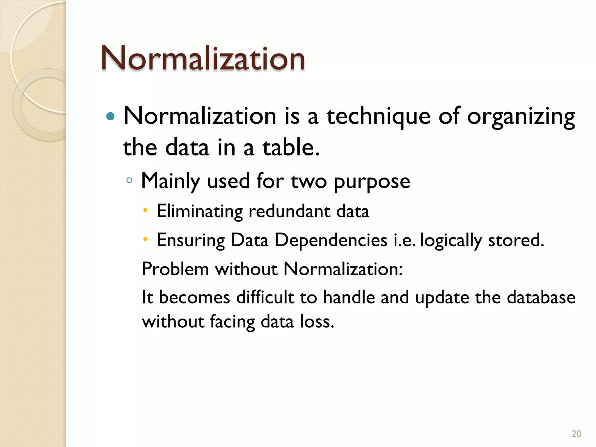 Normalization — Normalization is a technique of organizing the data in a table. ◦ Mainly used for two purpose – Eliminating redundant data – Ensuring Data Dependencies i.e. logically stored. Problem without Normalization: It becomes difficult to handle and update the database without facing data loss. 20 