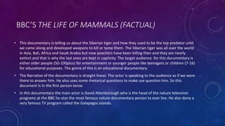 BBC’S THE LIFE OF MAMMALS (FACTUAL)
• This documentary is telling us about the Siberian tiger and how they used to be the top predator until
we came along and developed weapons to kill or tame them. The Siberian tiger was all over the world
in Asia, Bali, Africa and Saudi Arabia but now poachers have been killing then and they are nearly
extinct and that is why the last ones are kept in captivity. The target audience for this documentary is
either older people (50-100plus) for entertainment or younger people like teenagers or children (7-16)
for educational purposes. The genre of this is an educational documentary.
• The Narrative of the documentary is straight linear. The actor is speaking to the audience as if we were
there to answer him. He also uses some rhetorical questions to make use question him. So this
document is in the first person tense.
• In this documentary the main actor is David Attenborough who is the head of the nature television
programs at the BBC he also the most famous nature documentary person to ever live. He also done a
very famous TV program called the Galapagos islands.
 