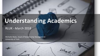 RLUK - March 2018
Understanding Academics
Michelle Blake, Head of Relationship Management
University of York
 