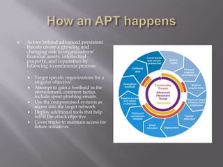    Actors behind advanced persistent
    threats create a growing and
    changing risk to organizations'
    financial assets, intellectual
    property, and reputation by
    following a continuous process:

       Target specific organizations for a
        singular objective
       Attempt to gain a foothold in the
        environment, common tactics
        include spear phishing emails.
       Use the compromised systems as
        access into the target network
       Deploy additional tools that help
        fulfill the attack objective
       Cover tracks to maintain access for
        future initiatives
 