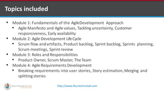 http://www.ifourtechnolab.com
• Module 1: Fundamentals of the AgileDevelopment Approach
• Agile Manifesto and Agile values, Tackling uncertainty, Customer
responsiveness, Early availability
• Module 2: Agile Development LifeCycle
• Scrum flow andartifacts, Product backlog, Sprint backlog, Sprints planning,
Scrum meetings, Sprintreview
• Module 3: Roles and Responsibilities
• Product Owner, Scrum Master, TheTeam
• Module 4: Agile Requirements Development
• Breaking requirements into user stories, Story estimation,Merging and
splitting stories
Topics included
 