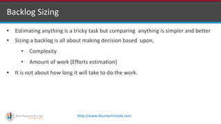 http://www.ifourtechnolab.com
Backlog Sizing
• Estimating anything is a tricky task but comparing anything is simpler and better
• Sizing a backlog is all about making decision based upon,
• Complexity
• Amount of work (Efforts estimation)
• It is not about how long it will take to do the work.
 
