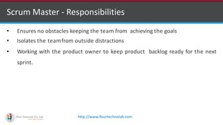 http://www.ifourtechnolab.com
Scrum Master - Responsibilities
• Ensures no obstacles keeping the team from achieving the goals
• Isolates the teamfrom outside distractions
• Working with the product owner to keep product backlog ready for the next
sprint.
 
