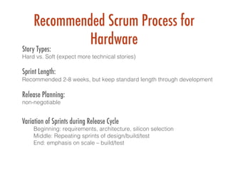 Recommended Scrum Process for
HardwareStory Types:
Hard vs. Soft (expect more technical stories)!
!
Sprint Length:
Recommended 2-8 weeks, but keep standard length through development!
!
Release Planning:
non-negotiable !
!
Variation of Sprints during Release Cycle
Beginning: requirements, architecture, silicon selection!
Middle: Repeating sprints of design/build/test!
End: emphasis on scale – build/test!
	
 