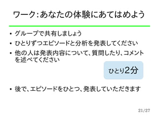 21/27
ワーク：あなたの体験にあてはめよう
● グループで共有しましょう
● ひとりずつエピソードと分析を発表してください
● 他の人は発表内容について、質問したり、コメント
を述べてください
● 後で、エピソードをひとつ、発表していただきます
ひとり2分
 