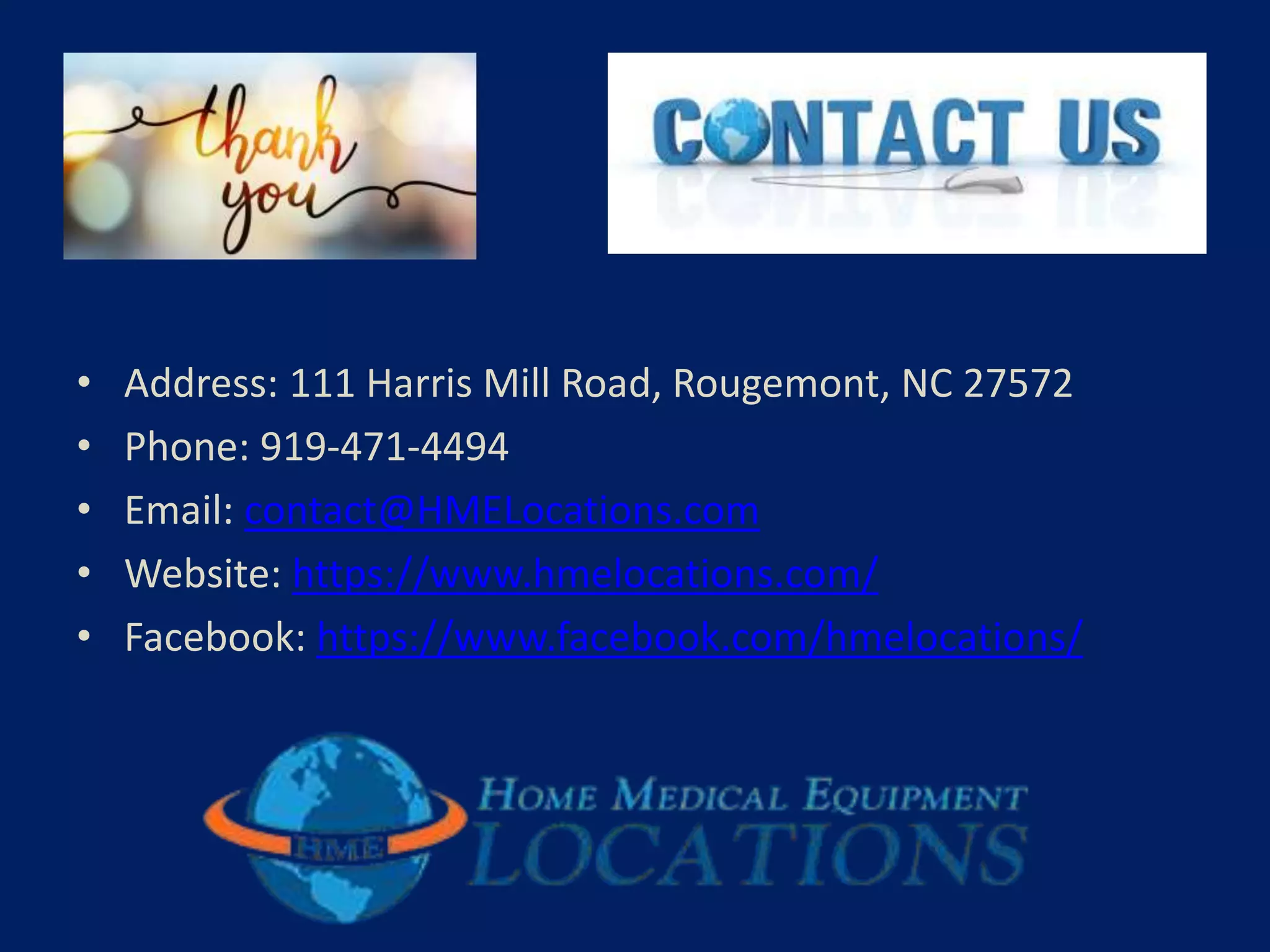 • Address: 111 Harris Mill Road, Rougemont, NC 27572
• Phone: 919-471-4494
• Email: contact@HMELocations.com
• Website: https://www.hmelocations.com/
• Facebook: https://www.facebook.com/hmelocations/
 