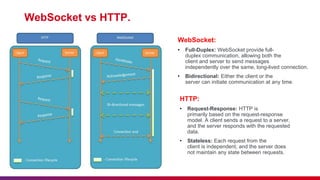 WebSocket vs HTTP.
WebSocket:
• Full-Duplex: WebSocket provide full-
duplex communication, allowing both the
client and server to send messages
independently over the same, long-lived connection.
• Bidirectional: Either the client or the
server can initiate communication at any time.
HTTP:
• Request-Response: HTTP is
primarily based on the request-response
model. A client sends a request to a server,
and the server responds with the requested
data.
• Stateless: Each request from the
client is independent, and the server does
not maintain any state between requests.
 