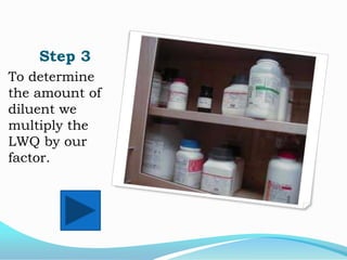 Step 3
To determine
the amount of
diluent we
multiply the
LWQ by our
factor.

 