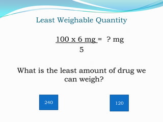 Least Weighable Quantity

100 x 6 mg = ? mg
5
What is the least amount of drug we
can weigh?
240

120

 