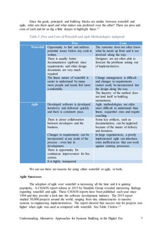 Understanding Alternative Approaches for Systems Building in the Digital Era 7
Since the goals, principals and building blocks are similar between waterfall and
agile, what sets them apart and what makes one preferred over the other? There are pros and
cons of each and let us dig a little deeper to highlight these.11
Table 2. Pros and Cons of Waterfall and Agile Methodologies (adapted)
Pros Cons
Waterfall Opportunity to find and address
potential issues before any code is
written.
The customer does not often know
what he needs up front and is not
involved along the way.
There is usually better
documentation (upfront) since
requirements and other design
documents are very much
required.
Designers are not often able to
forecast the problems arising out
of implementation.
The linear nature of waterfall is
easier to understand by many
more people and teams feel more
comfortable.
Change management is difficult
and changes to requirements
cannot easily be incorporated into
the design along the way.
The linearity of the method does
not lend itself to building
momentums.
Agile Developed software is developed
iteratively and delivered quickly
and there is consistent pace.
Agile methodologies are often
more difficult to understand than
linear, sequential ones and require
coaching.
There is closer collaboration
between developers and the
business.
Some key artifacts, such as
documentation, can be neglected
because of the nature of delivery
and iterations.
Changes to requirements can be
incorporated at any point of the
process – even late in
development.
In large organizations, a poorly
implemented agile can introduce
extra inefficiencies that can work
against existing processes.
There is opportunity for
continuous improvement for live
system.
It is highly transparent
We can see there are reasons for using either waterfall or agile, or both.
Agile Successes
The adoption of agile over waterfall is increasing all the time and it is gaining
popularity. A CHAOS report release in 2015 by Standish Group revealed interesting findings
regarding waterfall and agile. These CHAOS reports have been published each year since
1994 and they provide a look into the software development industry. The 2015 report
studied 50,000 projects around the world, ranging from tiny enhancements to massive
systems re-engineering implementations. The report showed that success rate for projects was
higher when agile was used as compared with waterfall. See Table 3 below.12
 