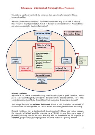 S.Rengasamy – Understanding & Analyzing Livelihood Framework
12
Unless these are also present with the resources, they are not useful for any livelihood
intervention effort.
What are other resources limit one’s livelihood choices? One may like to look at some of
these resources described in the box. Which of these are available in the area? Which of these
can act as constraints for livelihood promotion?
Demand conditions
Whatever be the chosen livelihood activity, there is some output of goods / services. These
goods / services are bought by some people that constitute the demand for them. Try to find:
who is demanding them? Is the demand local? Is it increasing, decreasing or stagnant?
Such things determine the Demand Conditions, which in turn determines the number of
livelihoods that can be supported, the kind of income that can be generated from the activity.
Demand Conditions play a significant role in determining livelihood intervention strategy.
For example, MEADOW could be promoted by MYRADA because there was a scope of
promoting ancillary units in that area. Similarly with the introduction of lift irrigation by
PRADAN, people started growing vegetables for which there was a growing demand.
Demand
condition
Assets
Awareness
Ability
Access
Intervening Agency
Mission
Capacity
Funding
Nature of
Intervention
Objective of the
Intervention
Industry
condition
Factor
condition
Institutional
conditions
Design of the
livelihood Activity
People’s Livelihood
Portfolio
Capacity
Strategy
External Context
Internal Context
Context of livelihood
Intervention design
 