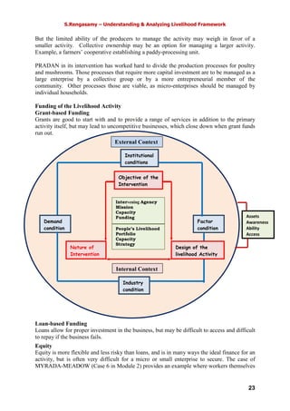 S.Rengasamy – Understanding & Analyzing Livelihood Framework
23
But the limited ability of the producers to manage the activity may weigh in favor of a
smaller activity. Collective ownership may be an option for managing a larger activity.
Example, a farmers’ cooperative establishing a paddy-processing unit.
PRADAN in its intervention has worked hard to divide the production processes for poultry
and mushrooms. Those processes that require more capital investment are to be managed as a
large enterprise by a collective group or by a more entrepreneurial member of the
community. Other processes those are viable, as micro-enterprises should be managed by
individual households.
Funding of the Livelihood Activity
Grant-based Funding
Grants are good to start with and to provide a range of services in addition to the primary
activity itself, but may lead to uncompetitive businesses, which close down when grant funds
run out.
Loan-based Funding
Loans allow for proper investment in the business, but may be difficult to access and difficult
to repay if the business fails.
Equity
Equity is more flexible and less risky than loans, and is in many ways the ideal finance for an
activity, but is often very difficult for a micro or small enterprise to secure. The case of
MYRADA-MEADOW (Case 6 in Module 2) provides an example where workers themselves
Demand
condition
Assets
Awareness
Ability
Access
Intervening Agency
Mission
Capacity
Funding
Nature of
Intervention
Objective of the
Intervention
Industry
condition
Factor
condition
Institutional
conditions
Design of the
livelihood Activity
People’s Livelihood
Portfolio
Capacity
Strategy
External Context
Internal Context
 