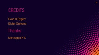 CREDITS
Evan H Dygert
Didier Stevens
Monnappa K A
20
Thanks
 