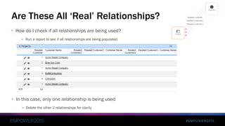 #EMPOWER2015
Are These All ‘Real’ Relationships?
• How do I check if all relationships are being used?
 Run a report to see if all relationships are being populated
• In this case, only one relationship is being used
 Delete the other 2 relationships for clarity
 