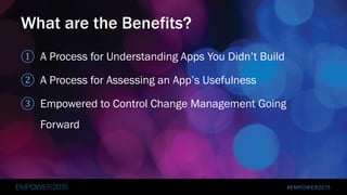 #EMPOWER2015
① A Process for Understanding Apps You Didn’t Build
② A Process for Assessing an App’s Usefulness
③ Empowered to Control Change Management Going
Forward
What are the Benefits?
 