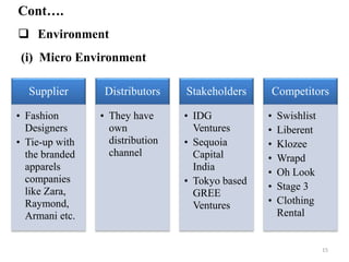 Cont….
 Environment
Supplier
• Fashion
Designers
• Tie-up with
the branded
apparels
companies
like Zara,
Raymond,
Armani etc.
Distributors
• They have
own
distribution
channel
Stakeholders
• IDG
Ventures
• Sequoia
Capital
India
• Tokyo based
GREE
Ventures
Competitors
• Swishlist
• Liberent
• Klozee
• Wrapd
• Oh Look
• Stage 3
• Clothing
Rental
(i) Micro Environment
15
 